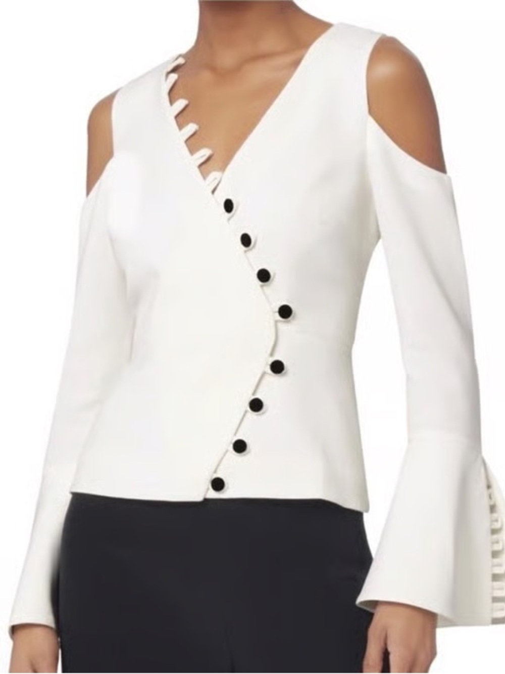Alexis White Cold-Shoulder Wrap Blouse with Black Button Accents